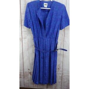 Leslie Fay Midi Dress Womens 14P Blue Button Front Belted Floral Vintage